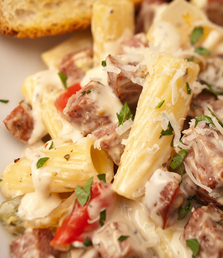 Rigatoni Alfredo with Summer Sausage & Roasted Peppers